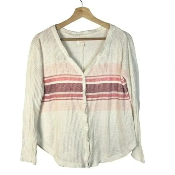 Colsie White Pink & Purple Stripe Thermal Knit Long Sleeve Button Down XS - Picture 2 of 6